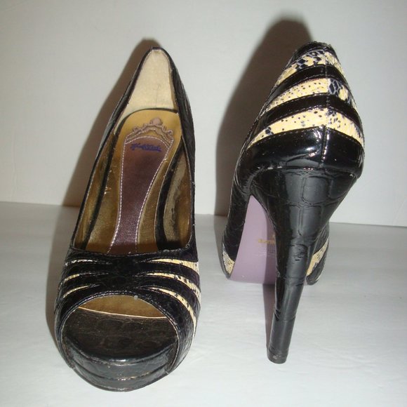 Vintage Hale Bob Animal Print Black Platform Peep Toe Heels Shoes Sz 7 - Picture 2 of 5